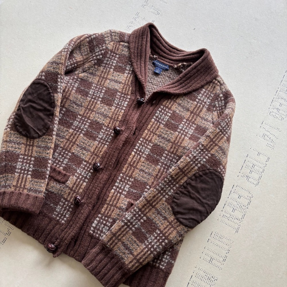 Vintage Lands End Plaid Cardigan Sweater Mens Large Shawl Collar Elbow Patches